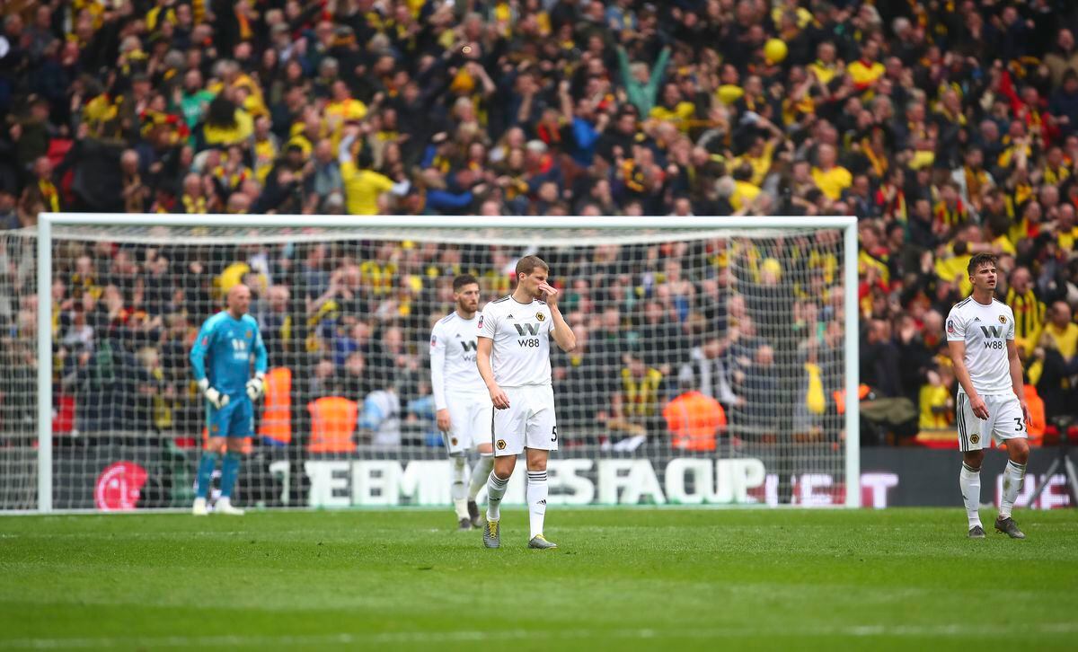 Dejected Wolverhampton Wanderers players after Troy Deeney of Watford scored a penalty to make it 2-2. (AMA)