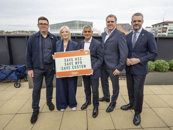 Labour mayors Andy Burnham, Mayor of Greater Manchester, Tracy Brabin, Mayor of West Yorkshire, Sadiq Khan, Mayor of London, Steve Rotheram, Mayor of the Liverpool City Region, and Oliver Coppard, Mayor of South Yorkshire, at Arcadis in Leeds to make a unified plea to the Prime Minister not to scale back HS2 any further