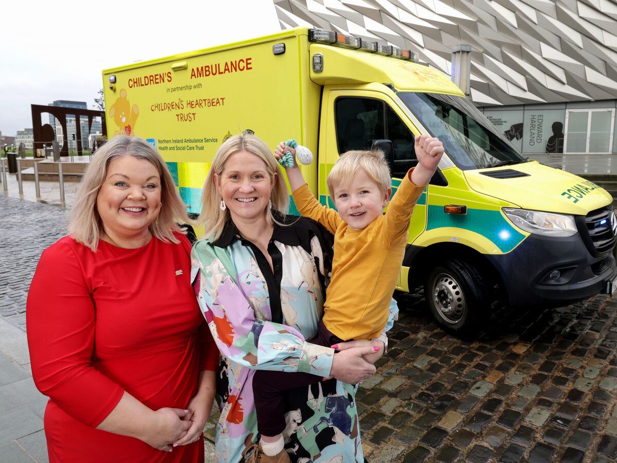 Joanne McCallister, Edel McInerney and her son Fionn at the launch of Northern Irelandâs first childrenâs ambulance