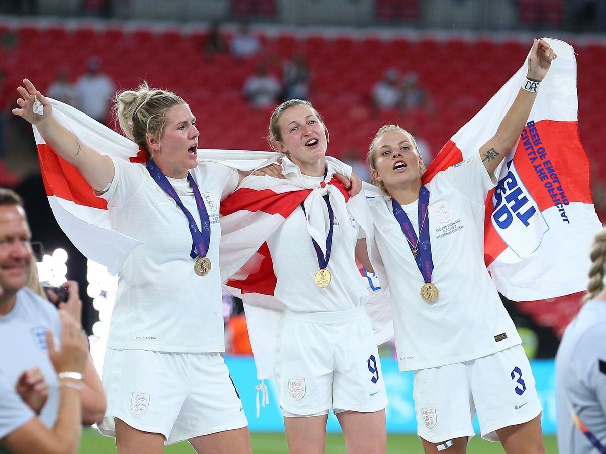 England’s Millie Bright, Ellen White and Rachel Daly celebrate victory over Germany in the Euro 2022 final at Wembley