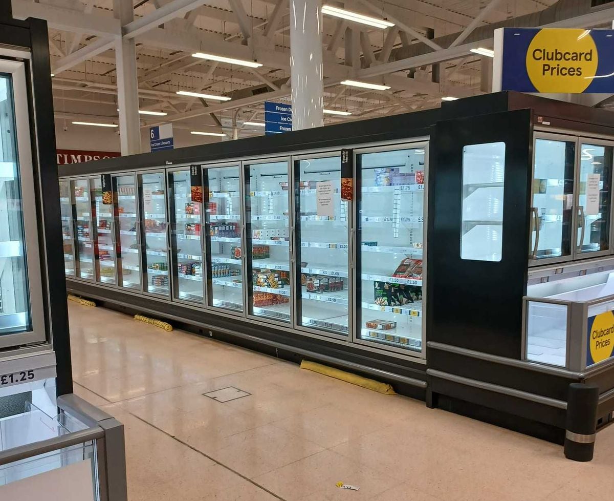 Many of the freezers in the supermarket are empty