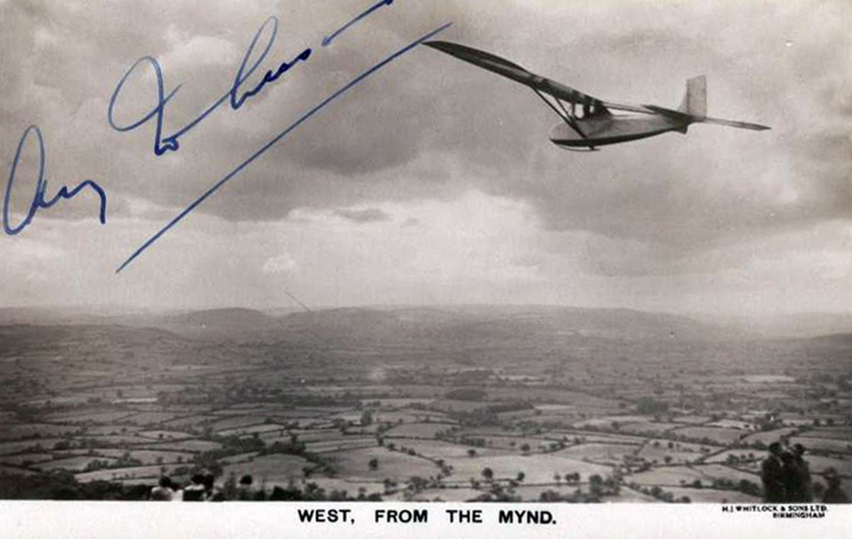 A postcard showing gliding on the Long Mynd signed by Amy.