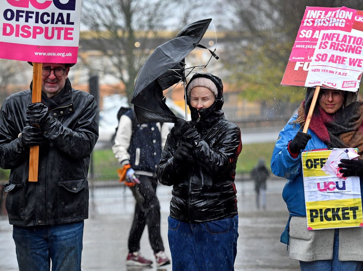 Wolverhampton University staff battle the horrendous weather as they take strike action