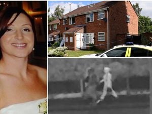 Clockwise from left, Kerry Cast, police at her home and the CCTV image released by officers