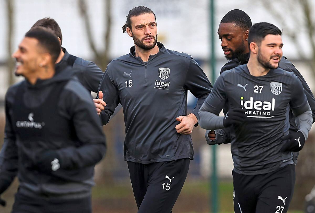 WALSALL, ENGLAND - JANUARY 28: Andy Carroll in his first training session at West Bromwich Albion Training Ground on January 28, 2022 in Walsall, England. (Photo by Adam Fradgley/West Bromwich Albion FC via Getty Images).