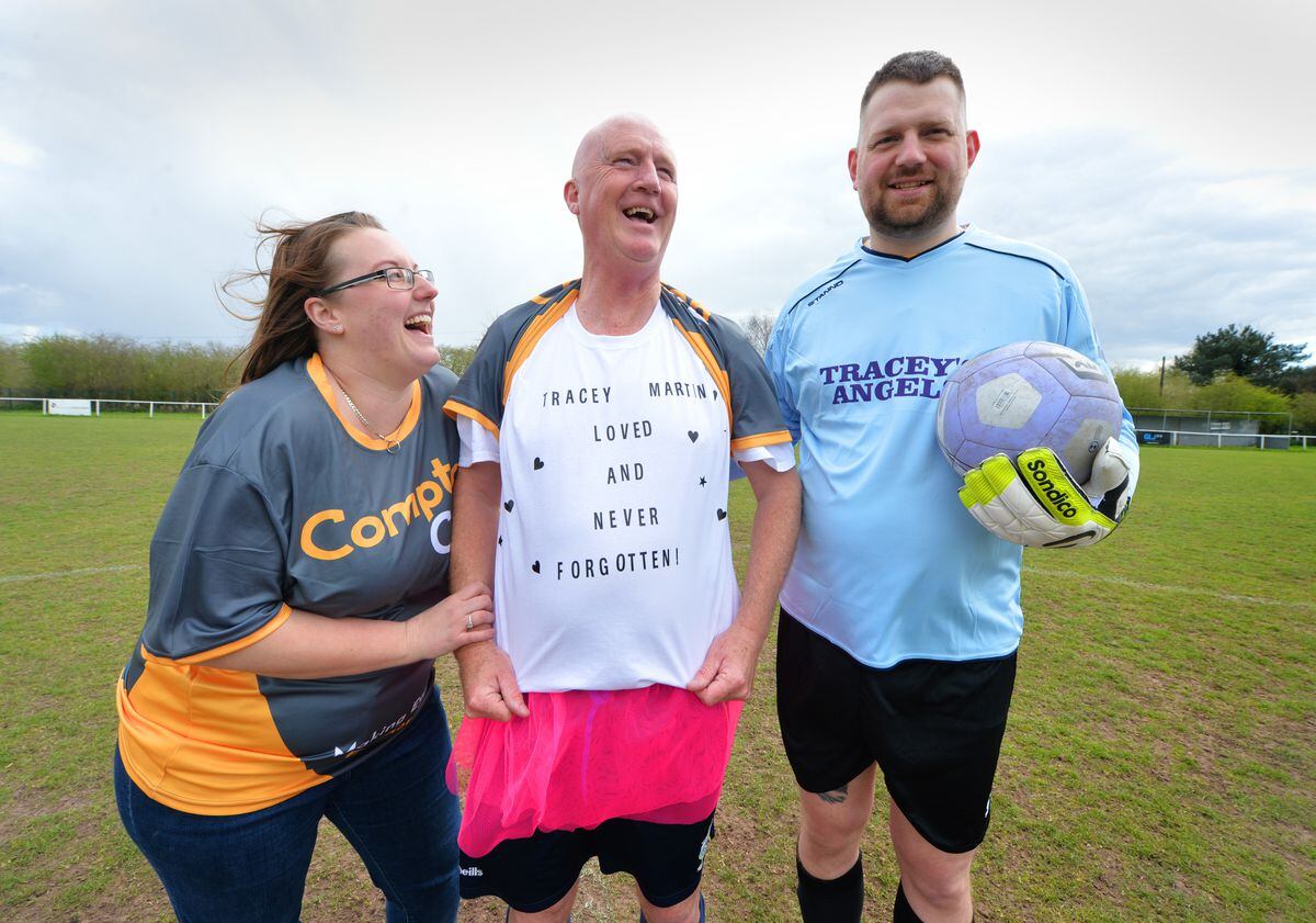 Raising money for Compton Care, relatives of Tracey Martin, from left: daughter Daisy Grice, husband Mervyn Martin, and son-in-law Chris Grice, get ready for a charity football game, at Bilbrook Junior Football Club.