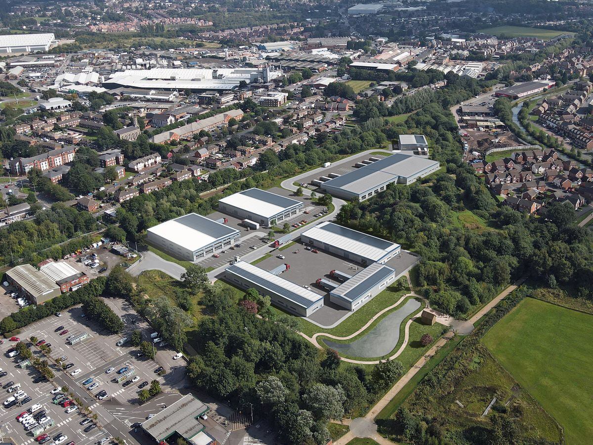 Computer generated image showing aerial view of the potential industrial/commercial units at Bilston Urban Village.