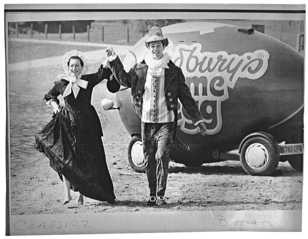 May 1, 1990: Show at the National Exhibition Centre about the new Cadbury World tourist centre. Photograph shows Maria Cadbury, alias Francis Land, and Steve Johnstone arriving in a large Cadbury World Creme Egg on wheels.