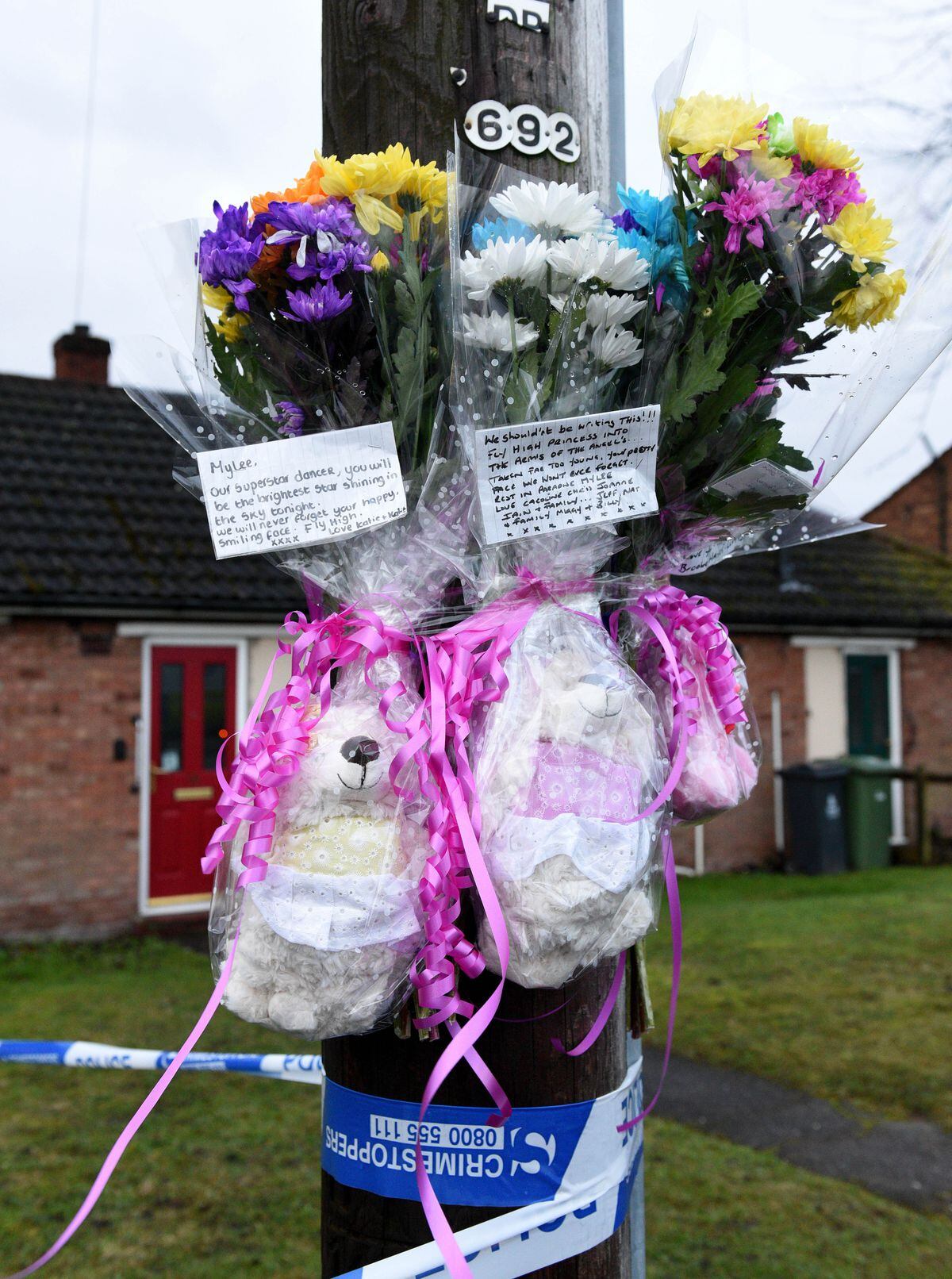 Some tributes have been tied to the nearby telegraph pole