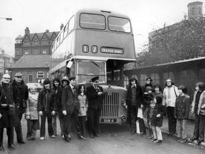 A double-decker bus bound for the Welshpool and Llanfair steam railway on Easter Monday of 1974. The bus, a survivor from the Wolverhampton Corporation's fleet, had been hired by the West Midlands Transport Circle for a special 140-mile trip from Wolverhampton through Shropshire and down into Wales