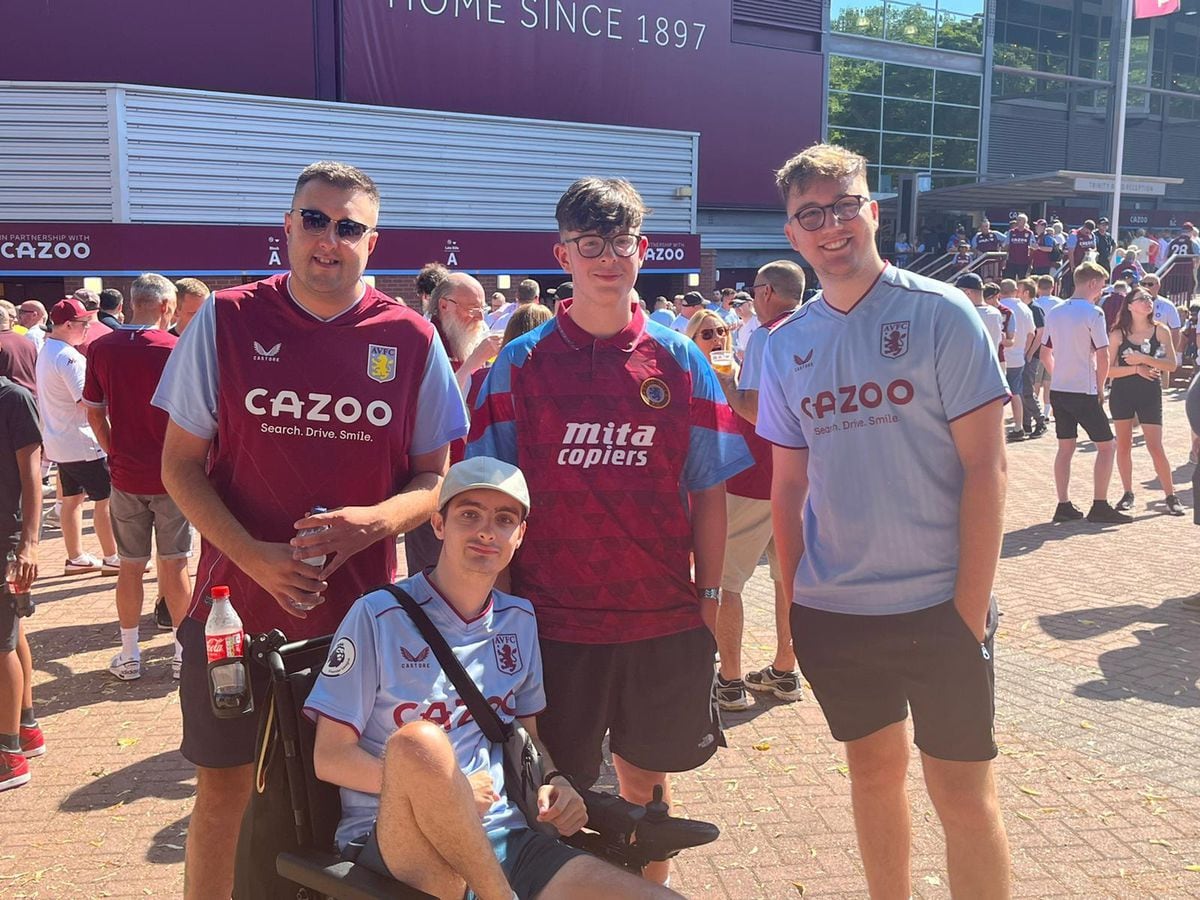 Jude in his wheelchair with friends Simon Lines (in Mita Villa shirt), Harvey Roberts (in Cavoo Villa shirt) and Max Stokes (in blue Villa shirt)
