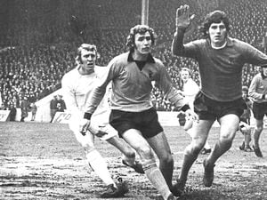 ‘Don’t worry’, says Phil Parkes asthe ball flies past a post at MaineRoad during Wolves’ FA Cupsemi-final against Leeds in 1973