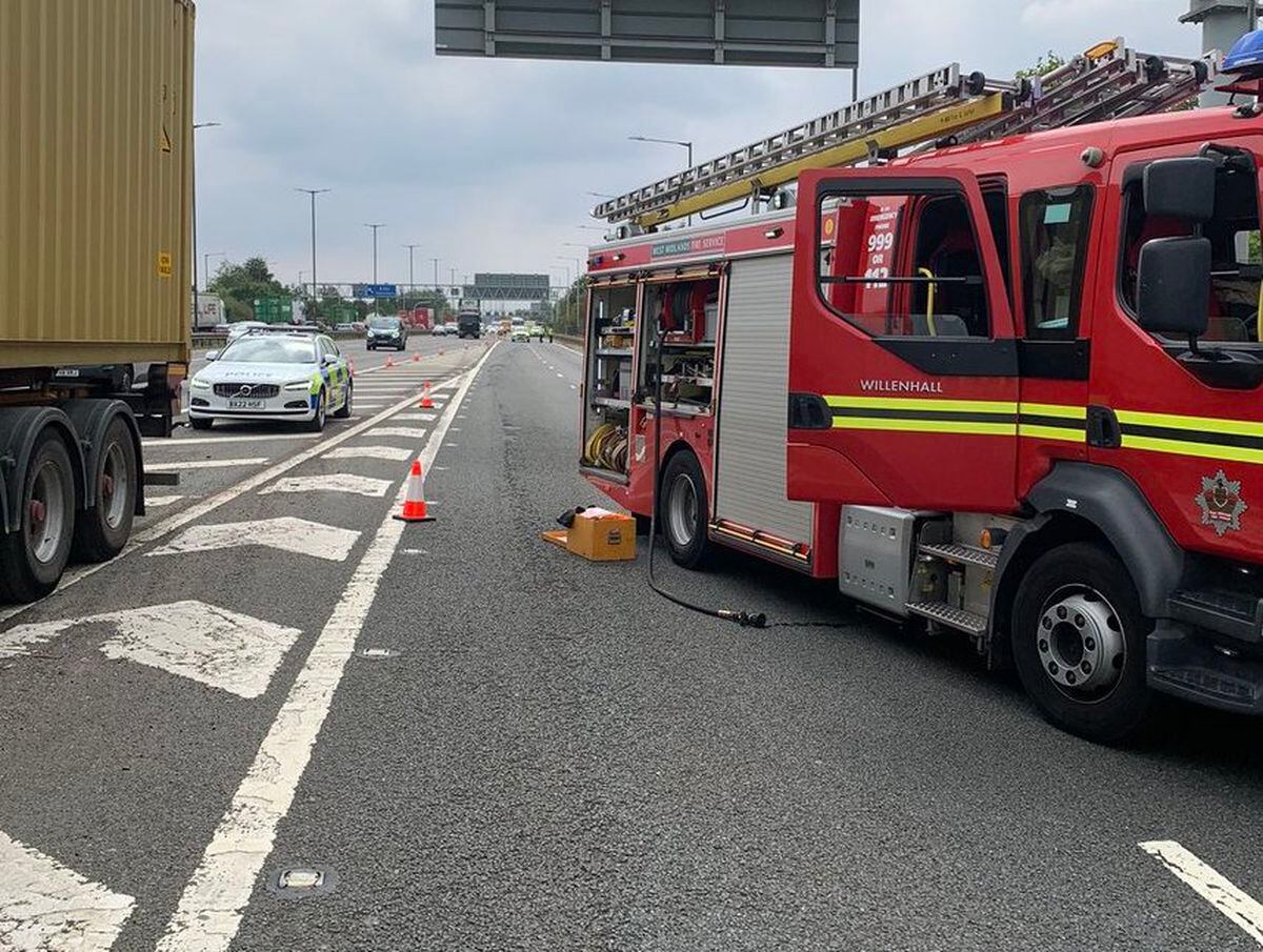 M6 Junction 10 Northbound slip road closed due to RTC. Photo: Willenhall Fire Station