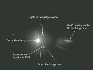 CCTV from the freight train showing the light of a railway worker in front of him. Photo: GB Railfreight