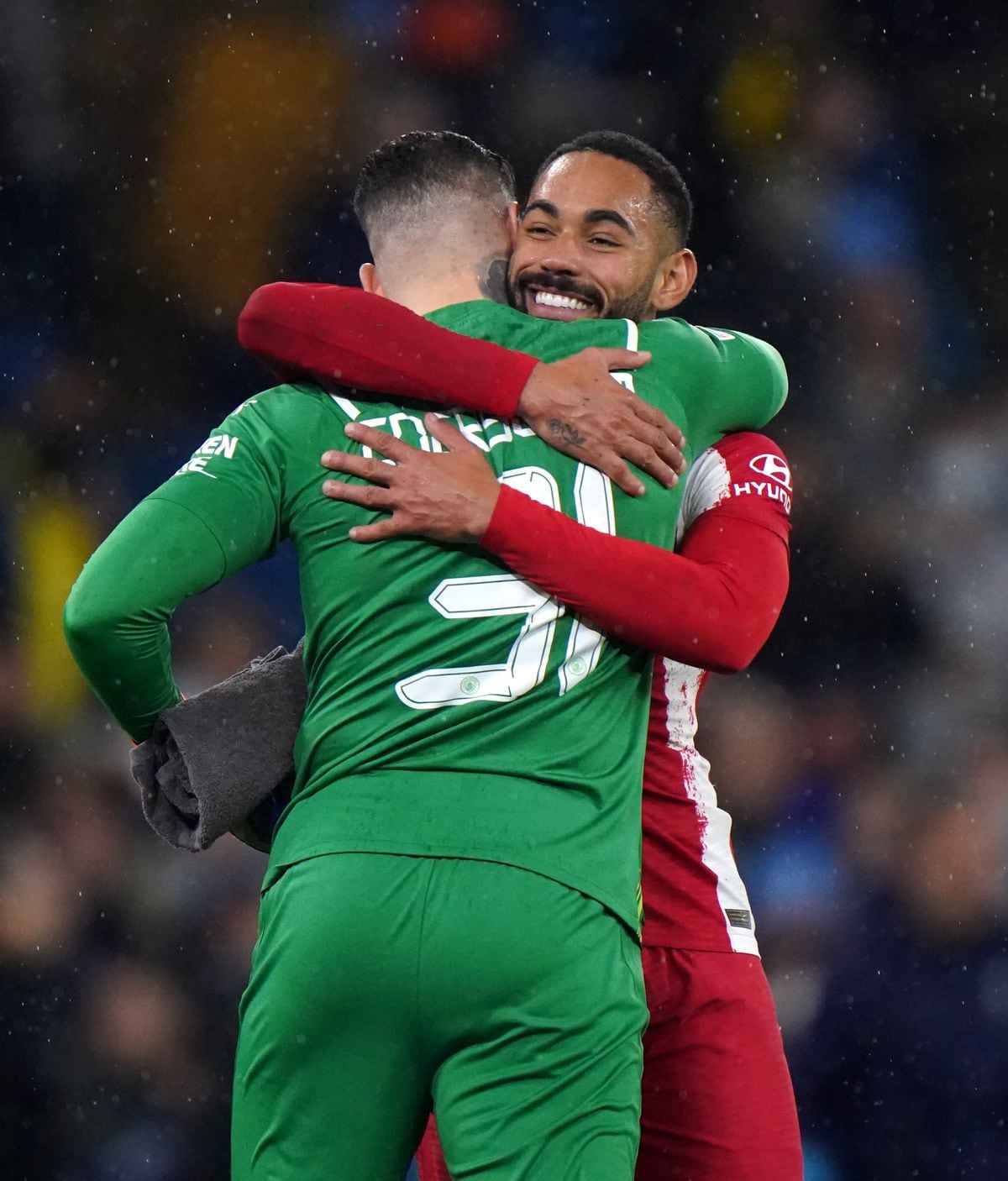 Manchester City goalkeeper Ederson (back to camera) and Atletico Madrid's Santos Matheus Cunha after the UEFA Champions League Quarter Final first leg match at the Etihad Stadium, Manchester. Picture date: Tuesday April 5, 2022..