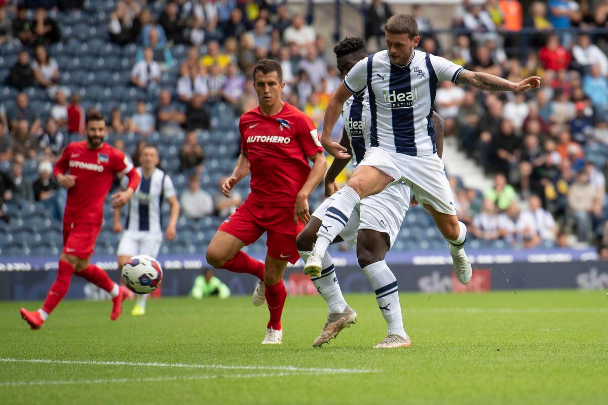 John Swift of West Bromwich Albion scores a goal during the Pre-Season Friendly between West Bromwich Albion and Hertha Berlin at The Hawthorns on July 23, 2022 in West Bromwich, England. (Photo by Malcolm Couzens - WBA/West Bromwich Albion FC via Getty Images).