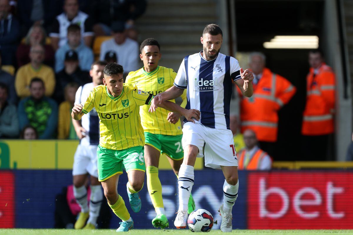 NORWICH, ENGLAND - SEPTEMBER 17: Marcelino Nunez of Norwich City and Erik Pieters of West Bromwich Albionduring the Sky Bet Championship between Norwich City and West Bromwich Albion at Carrow Road on September 17, 2022 in Norwich, United Kingdom. (Photo by Adam Fradgley/West Bromwich Albion FC via Getty Images).
