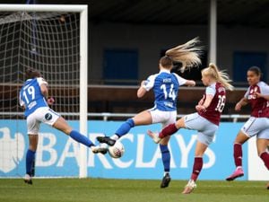 Aston Villa's Freya Gregory (centre right) scores their side's first goal of the game during the FA Women's Super League match at the SportNation.bet Stadium, Solihull. Picture date: Wednesday April 28, 2021. PA Photo. See PA story: SOCCER Birmingham Women. Photo credit should read: Nick Potts/PA Wire...RESTRICTIONS: Use subject to restrictions. Editorial use only, no commercial use without prior consent from rights holder..