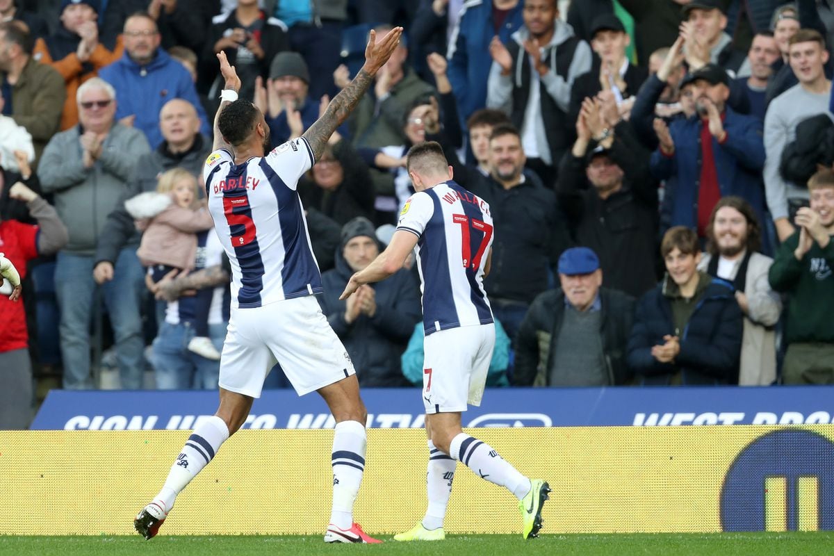 Kyle Bartley of West Bromwich Albion celebrates after scoring a goal to make it 1-0 with Jed Wallace of West Bromwich Albion during the Sky Bet Championship between West Bromwich Albion and Stoke City at The Hawthorns on November 12, 2022 in West Bromwich, United Kingdom. (Photo by Adam Fradgley/West Bromwich Albion FC via Getty Images).