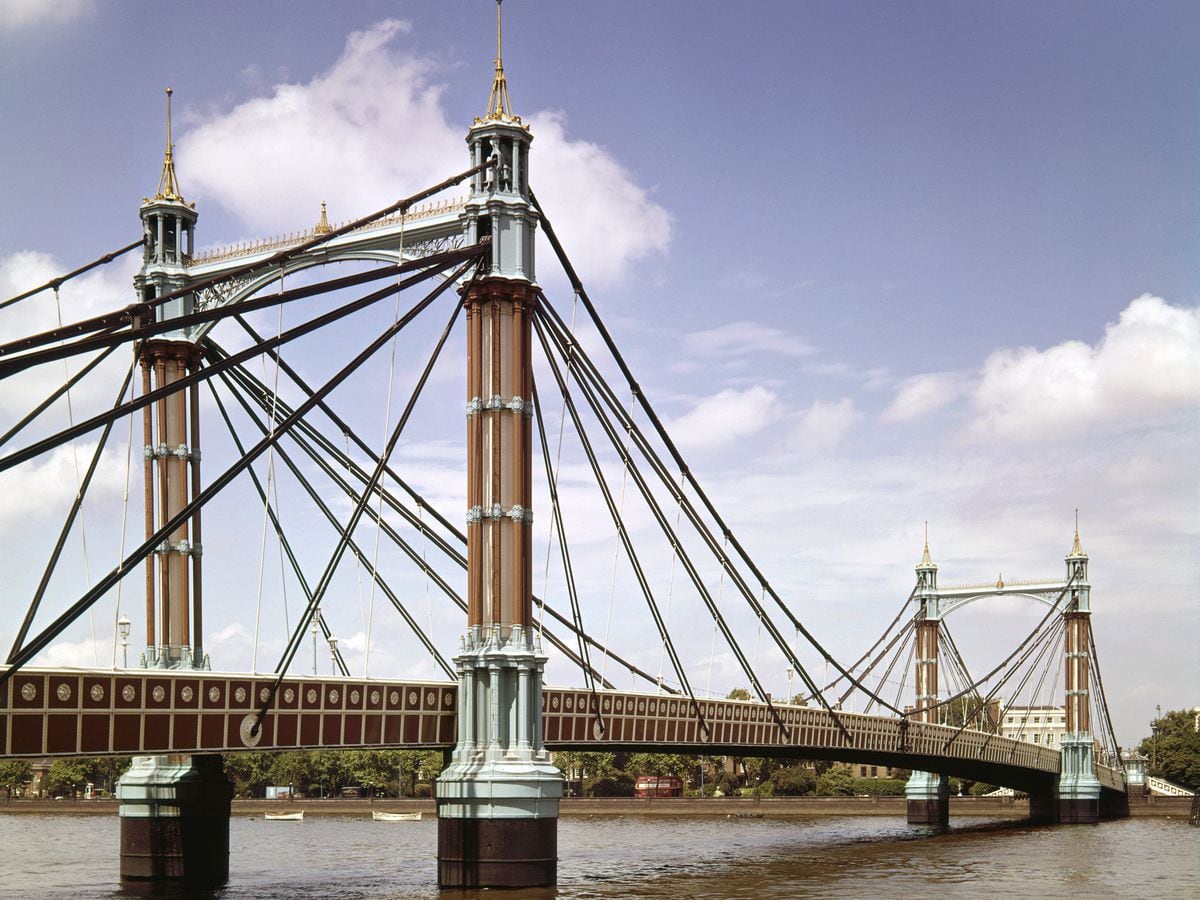 A view of Chelsea Bridge, a suspension bridge over the River Thames.