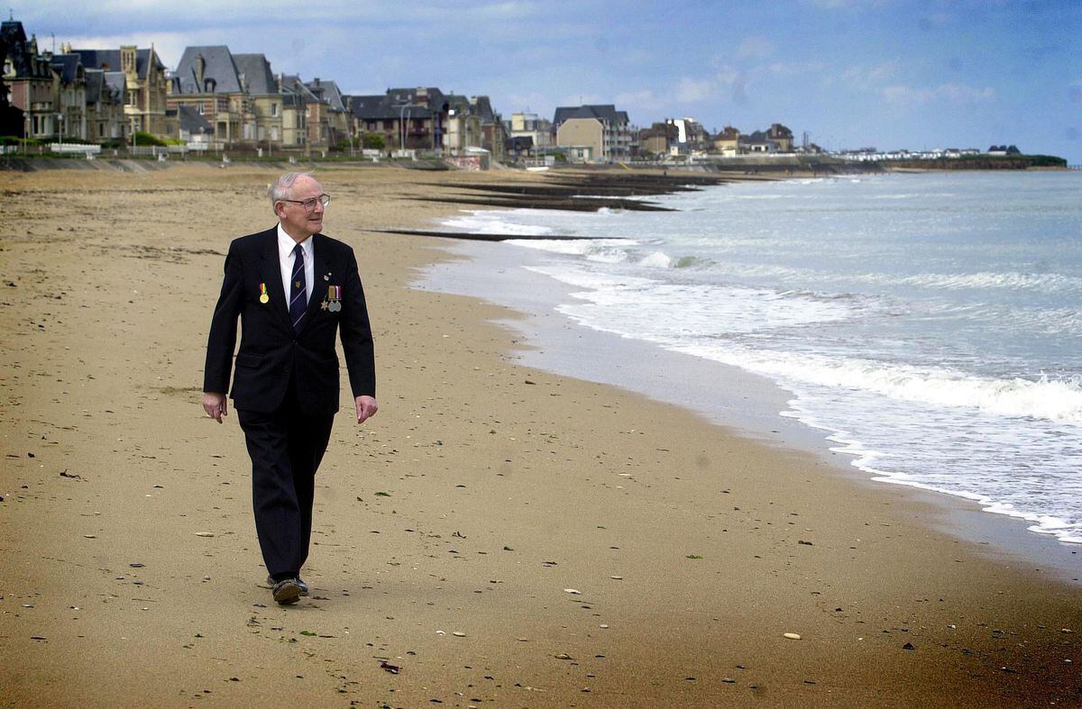 Geoffrey Ensor on Sword Beach, where he landed all those years ago