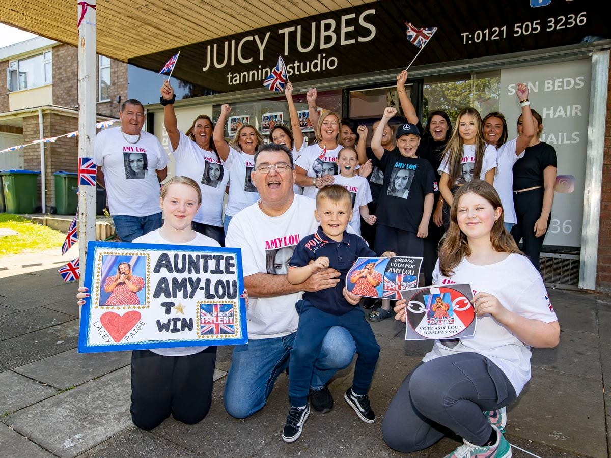 Britain's Got Talent finalist Amy Lou who works at Juicy Tubes Tanning Studio is being backed by her friends and family. Pictured front, from left: Paige Smith (niece), Andy Smith (dad), Hudson Shemilt (four, son) and Lacey Smith (niece).