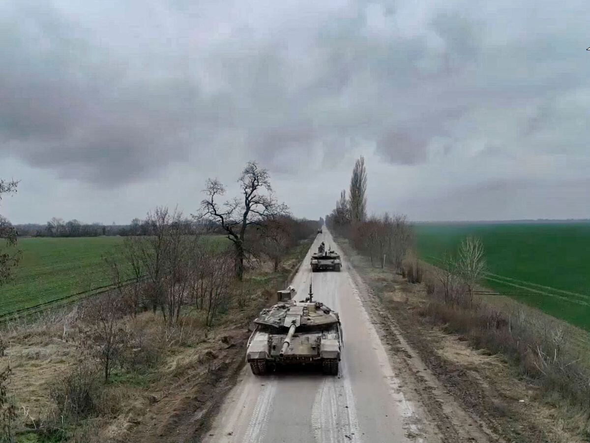 Russian army T-90M tanks roll into position at an undisclosed location in Ukraine