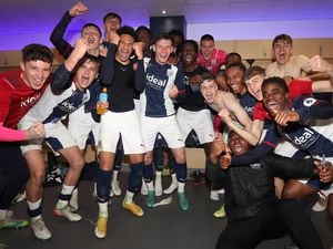 West Bromwich Albion players celebrate the semi final victory over Fulham 2-1 in the dressing room after the Premier League Cup / PL Cup at The Hawthorns on May 3, 2022 in West Bromwich, England. (Photo by Adam Fradgley/West Bromwich Albion FC via Getty Images)...