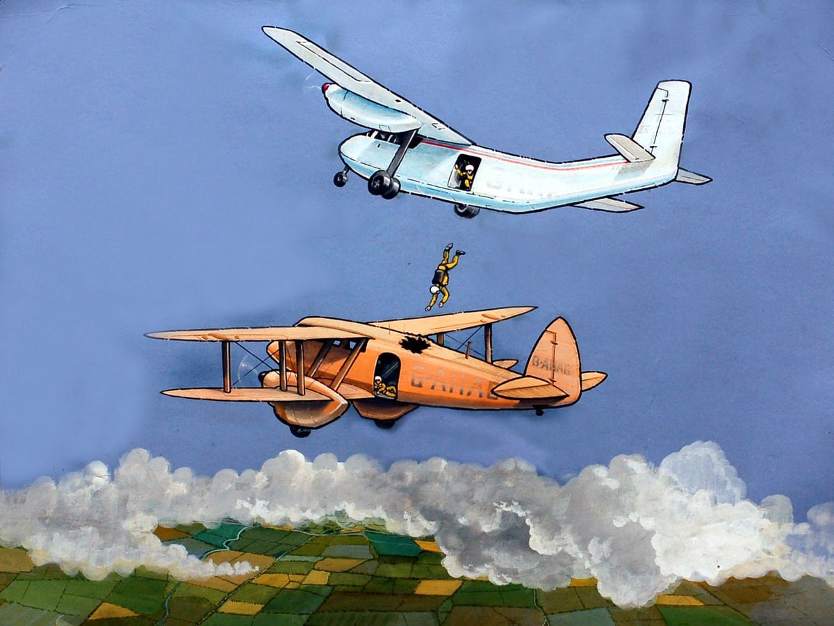 An artist's impression of incident on July 15, 1972 – it is actually inaccurate, as although Mike Bolton did go through the roof and end up the doorway of the lower plane, the second parachutist, Mike Taylor, depicted in the painting still in the air, had actually jumped before him. 