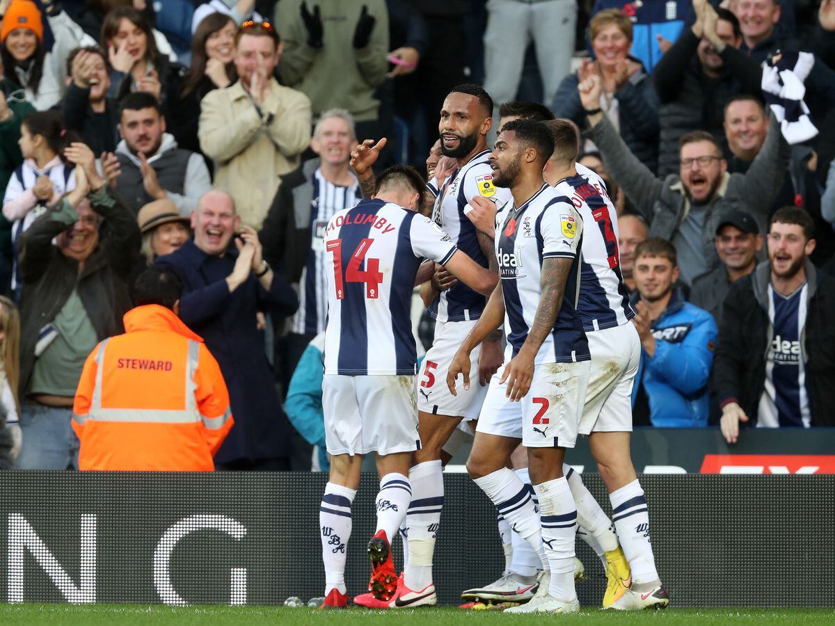 WEST BROMWICH, ENGLAND - NOVEMBER 12: Kyle Bartley of West Bromwich Albion celebrates after scoring a goal to make it 1-0 during the Sky Bet Championship between West Bromwich Albion and Stoke City at The Hawthorns on November 12, 2022 in West Bromwich, United Kingdom. (Photo by Adam Fradgley/West Bromwich Albion FC via Getty Images).