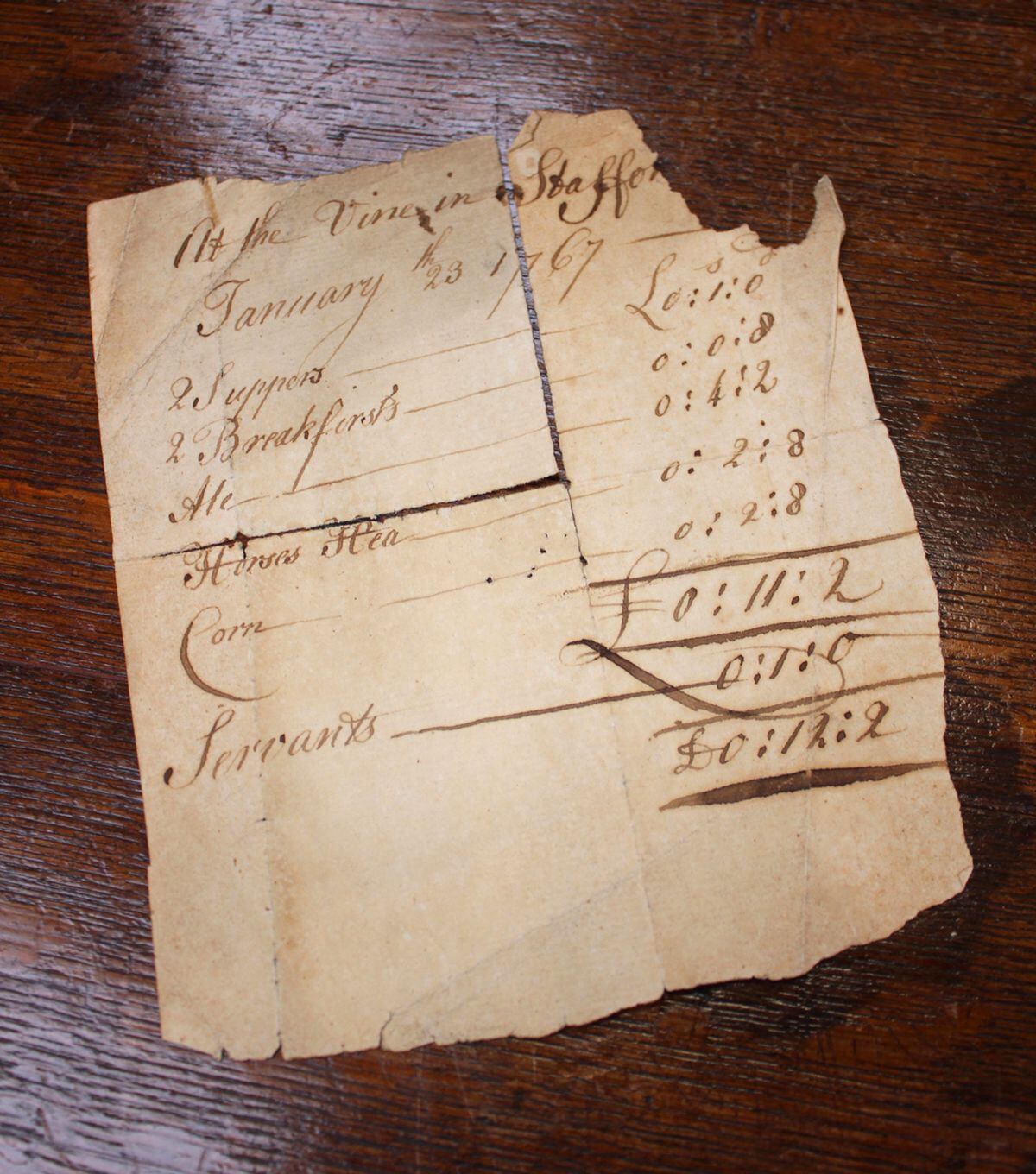 This bed and breakfast receipt for an overnight stay at The Vine Hotel in Stafford, dating back 250 years was discovered in a chest of drawers. The handwritten paper receipt is dated January 23, 1767 and comes to a grand total of twelve shillings and tuppence.  