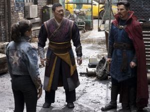 Xochitl Gomez as America Chavez, Benedict Wong as Wong, and Benedict Cumberbatch as Doctor Strange