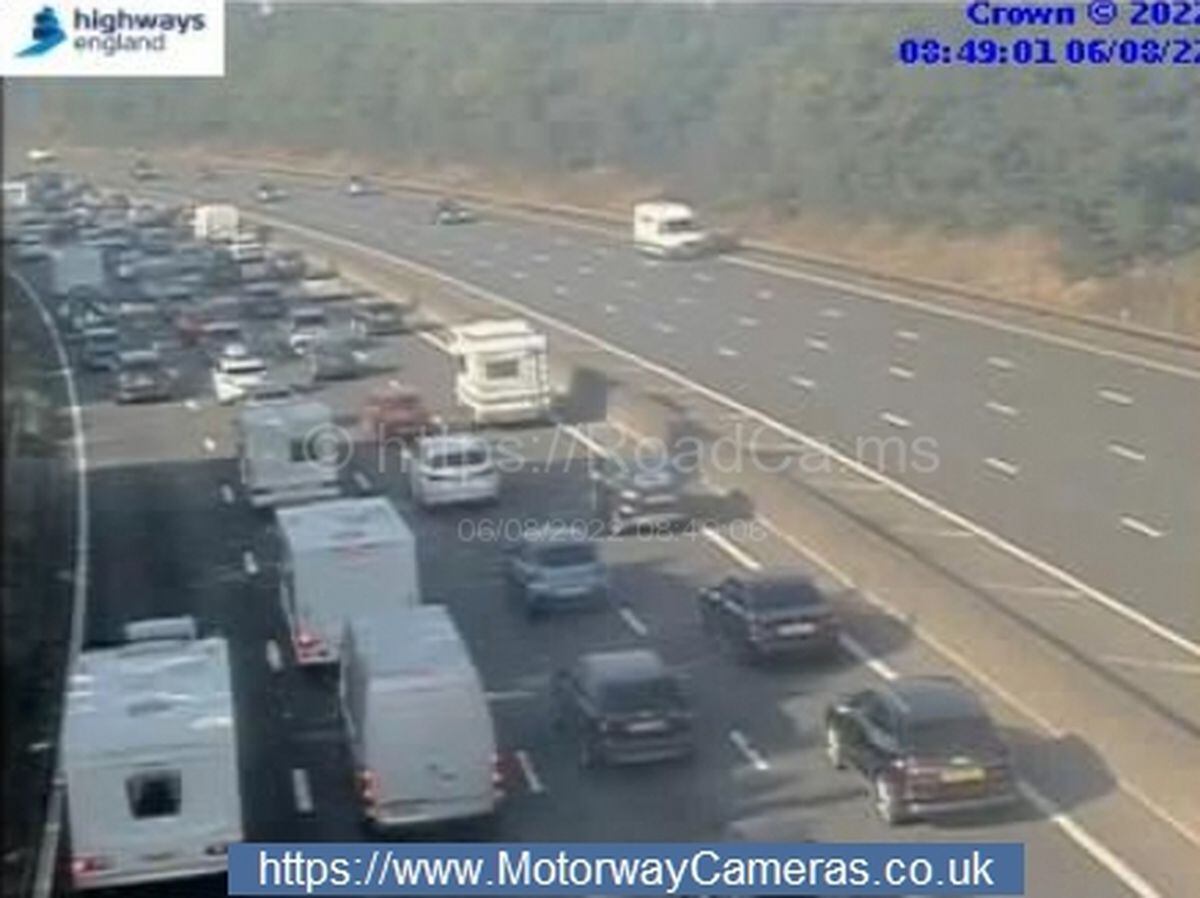 Queueing traffic on the M5 after a caravan overturned. Photo: National Highways