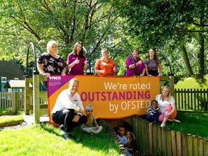 (l-r): Kellie Simcox (Area Manager for Nurseries), Steve Bavington (CEO of YMCABC), Leanne Smith (Nursery Practitioner), Stacie Harrison (Deputy Manager – Greets Green Nursery), Edwina Cox (Nursery Practitioner), Natasha Hough (Deputy Area Manager) and Claire Simcox (Nursery Manager for YMCA Greets Green Day Nursery)