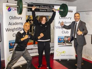 left to right: Lead coach of Oldbury Academy Weightlifting Club Sam Hayer, Oldbury Academy Weightlifting Club athlete Dylan and headteacher Phil Shackleton