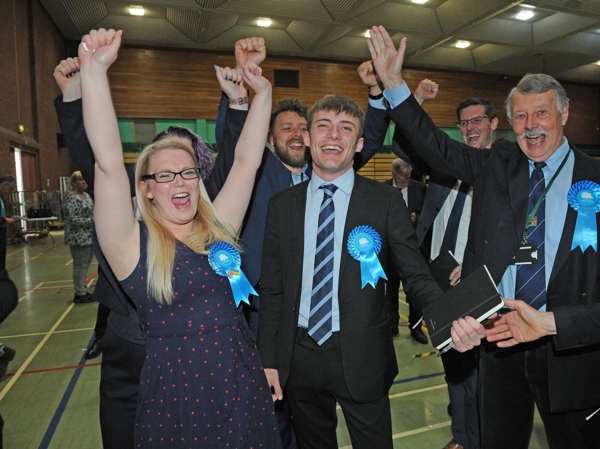 Conservative Joshua Bancroft celebrates with council leader Olivia Lyons
