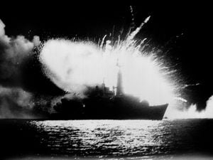 HMS Antelope explodes after an enemy bomb detonates as experts try to diffuse it