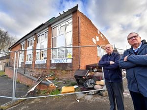 Councillor Paul Bott, right, and Glynn Adams, secretary of Darlaston Sports and Social Club, who are fuming about the condition of the former Leys Hall building