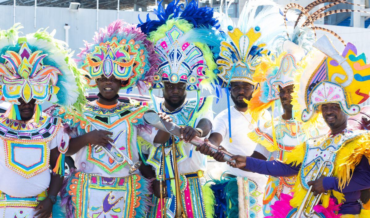 Colorful costumes as people perform a Junkanoo in the Bahamas