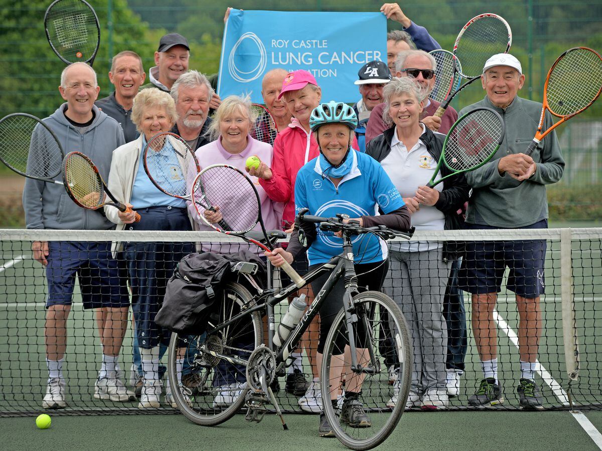 Helena Liberadzki is cheered on by friends from Linden Lea Tennis Club in Wolverhampton before she begins her bike ride to Aberystwyth