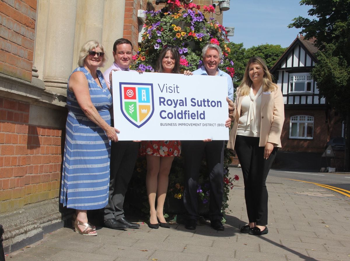 BID Board members (left to right) Alison Clack, of Cerda Planning Stephen Nixon, of Enoch Evans LLP, Gracechurch Centre manager Angela Henderson, Mark Harris, of Mark Harris Accountants and BID Manager Michelle Baker show off the new brand outside Sutton Coldfield Town Hall.