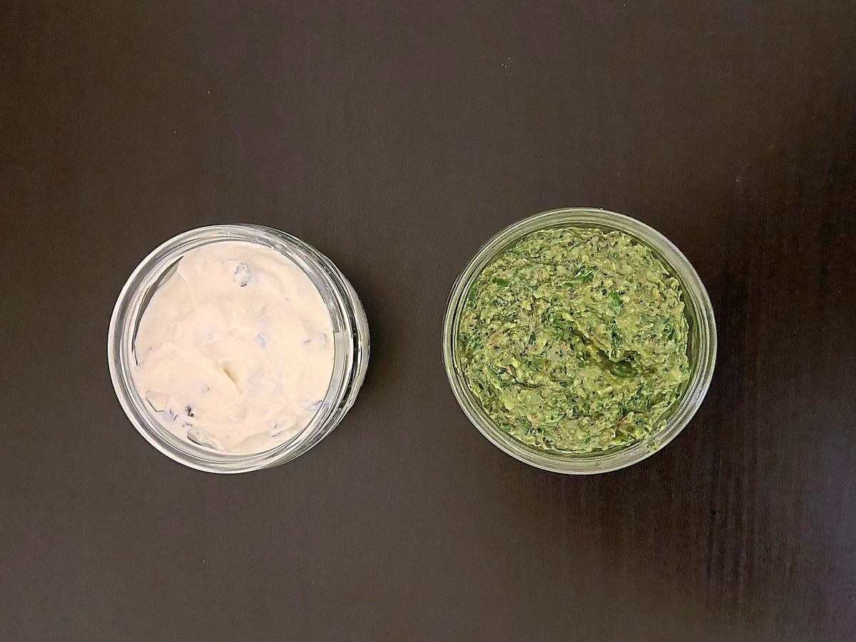 Side dishes of tzatziki and salsa verde