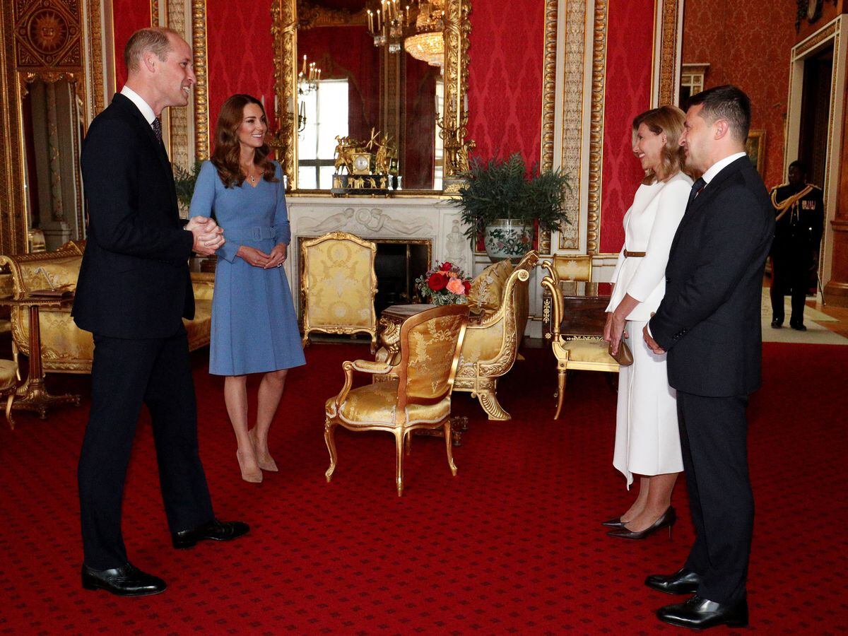The Duke and Duchess of Cambridge meeting the President of Ukraine, Volodymyr Zelensky, and his wife, Olena, during an audience at Buckingham Palace, London