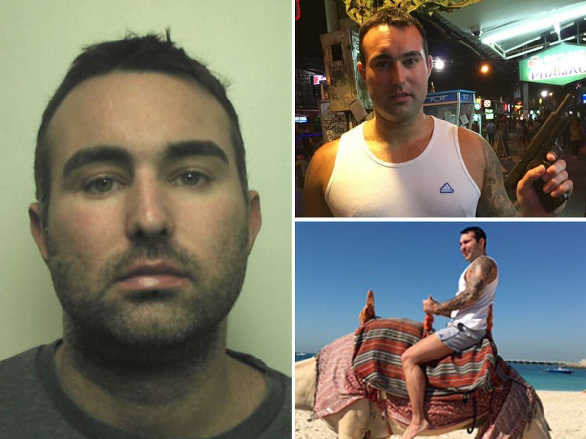 Christopher Jones pictured in his police mug shot, posing with a gun and riding a camel