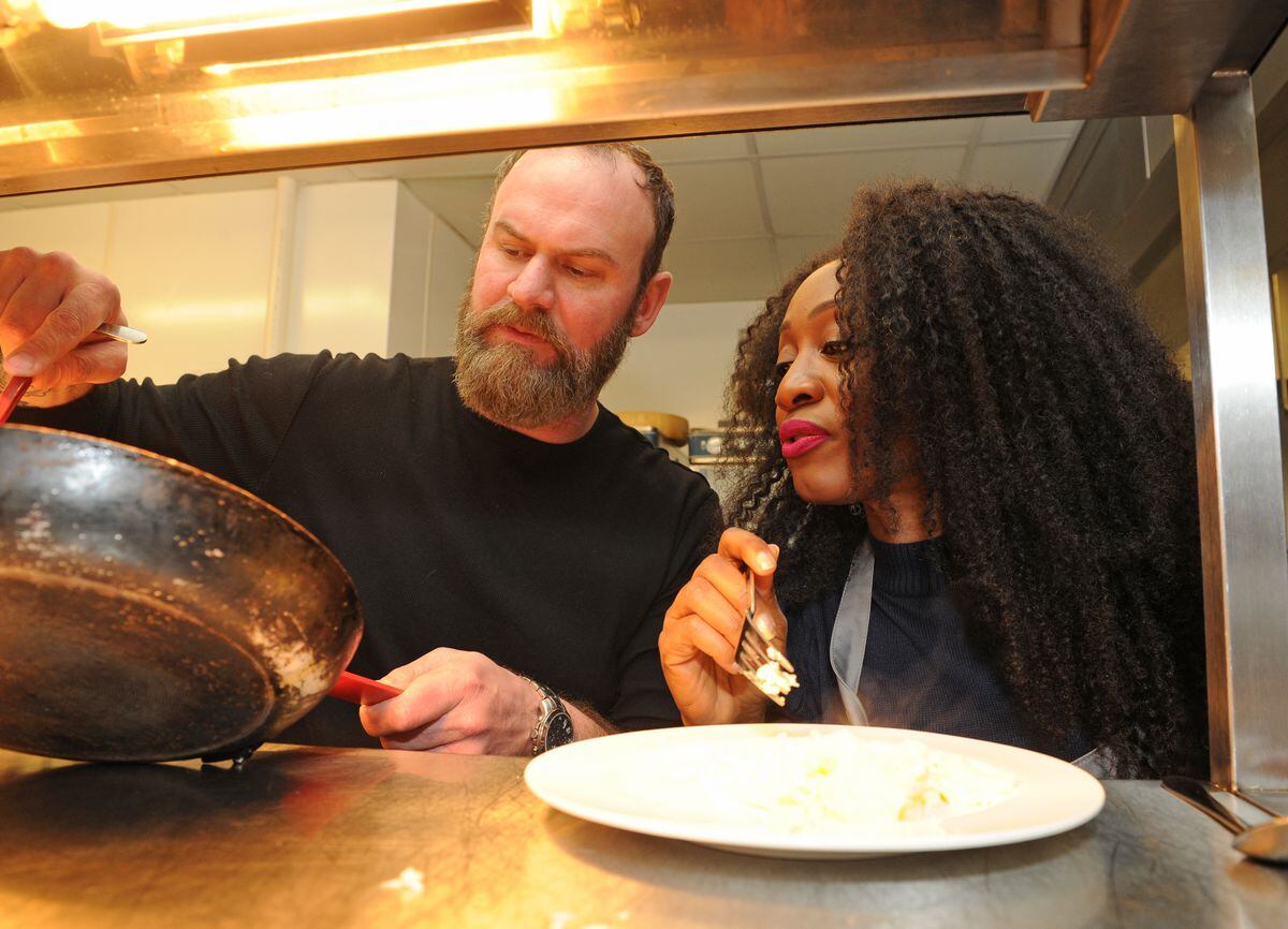 Glynn Purnell judging an omelette challenge with singer Beverley Knight, at Birmingham Hippodrome