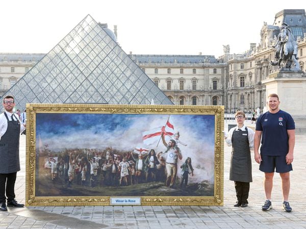 Former England Rugby Captain Dylan Hartley standing next to the painting outside The Louvre Museum in Paris, France