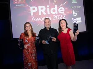 Leah Elston-Thompson, Richard Stone and Alison Gallagher-Hughes celebrate victory at the CIPR PRide Awards. (Photo: Dan Knott at Semper Fi Photography)