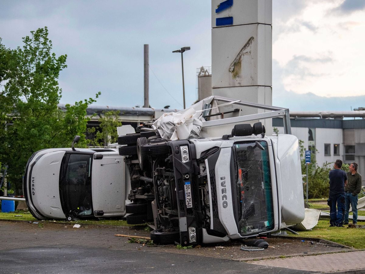 Two trucks overturned after a storm in Paderborn, Germany