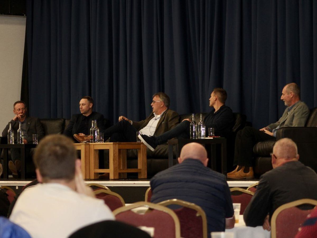 Stefan Gamble, Jamie Fullarton, Leigh Pomlett, Matt Taylor and Graham Whittaker at the Saddlers fans’ forum (Credit: Walsall FC)