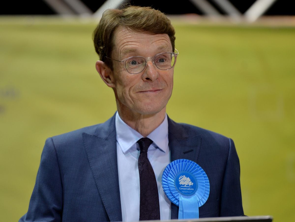 Andy Street smiles after being re-elected at the count at the Utilita Arena in Birmingham